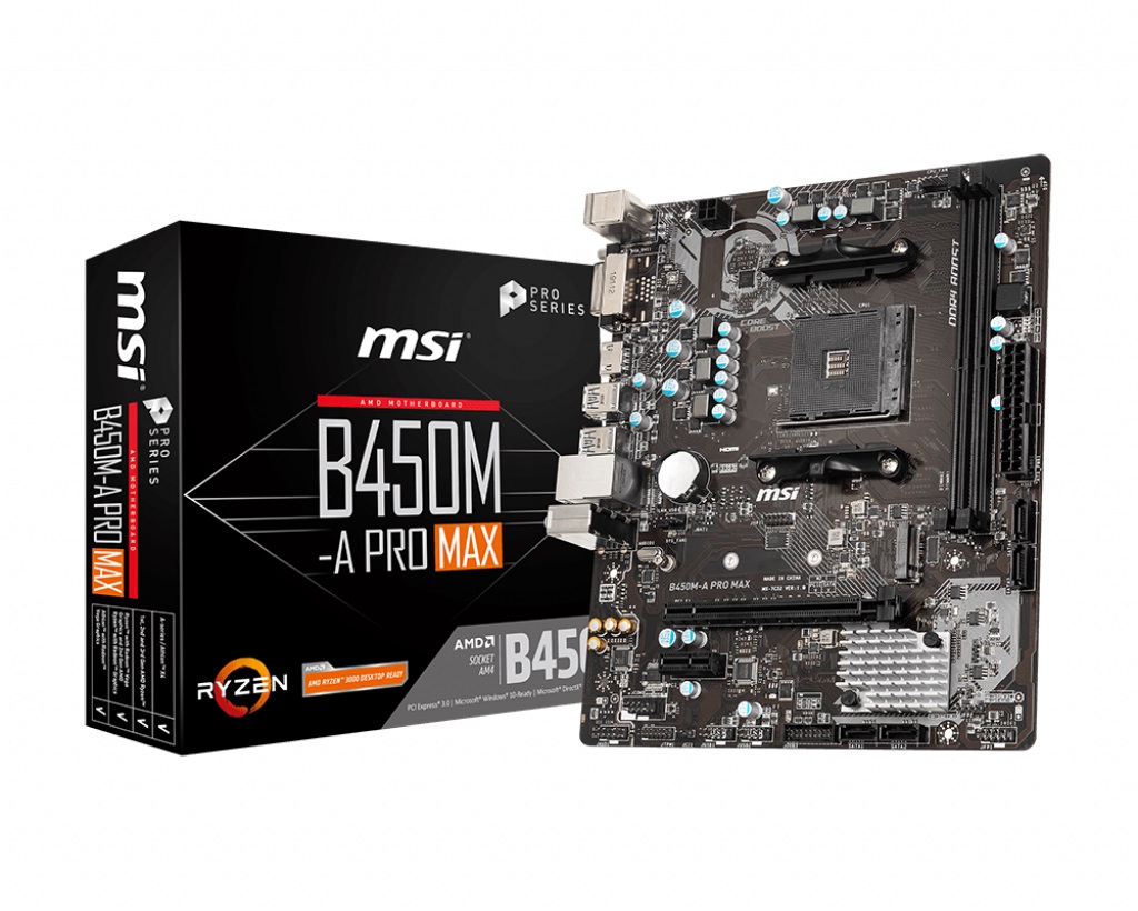 MSI, B450M-A, PRO, MAX, AMD, M-ATX, Motherboard, -, AM4, Ryzen, 2xDDR4, 4xSATAIII, M.2, 4xUSB3.2, 2xUSB2.0, 1xPCIE, x16, DVI-D, 1xH, 