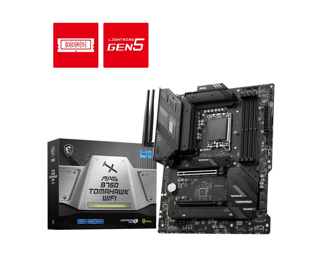 MSI, MAG, B760, TOMAHAWK, WIFI, ATX, Motherboard, 4x, DDR5~192GB, 2x, PCI-E, x, 16, 1x, PCI-E, x, 1, 3x, M.2, 4x, SATA, 4x, USB, 3.2, 4, 