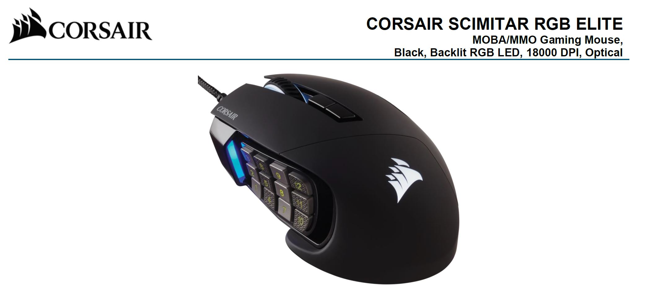 Corsair, SCIMITAR, RGB, ELITE, Black, Gaming, Mice, 17, programmable, buttons, 18, 000, DPI, 