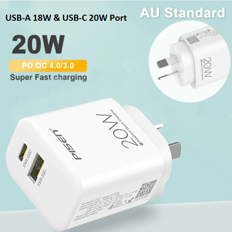 PISEN, 20W, Dual, Port, (USB-A, QC3.0, 18W, +, USB-C, PD, 20W), Fast, Wall, Charger, -, 3x, Faster, Charging, Travel-Ready, Super, Small, 