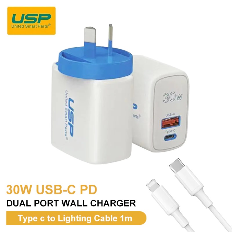 USP, 30W, USB-A, +, USB-C, PD, Fast, Dual, Wall, Charger, +, Lightning, to, USB-C, White, Cable, (1M), -, (6972475750480), PD+QC3.0, Fast, C, 