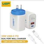 USP, 30W, USB-A, +, USB-C, PD, Fast, Dual, Wall, Charger, +, Lightning, to, USB-C, White, Cable, (1M), -, (6972475750480), PD+QC3.0, Fast, C, 