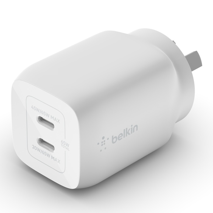 BELKIN, 2, PORT, WALL, CHARGER, 65W, USB-C, GaN, (2), FAST, CHARGING, WHITE, 2YR, WITH, $2500, 