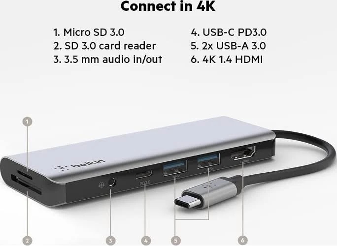 Options/Belkin: Belkin, USB-C, Dock, (7-in-1), -, Grey, (AVC009btSGY), Aluminum, enclosure, design, 4K, HDMI, Slim, design, Tethered, cable, 