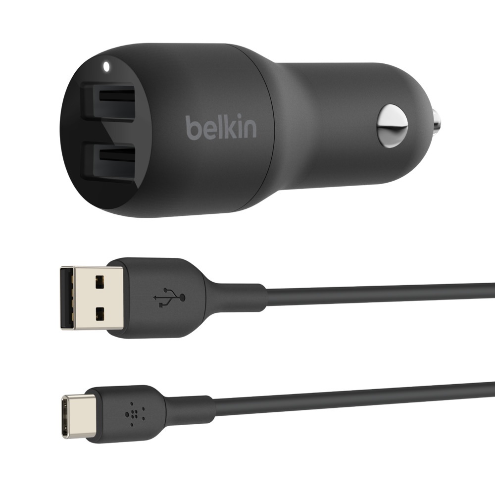 BELKIN, 2, PORT, CAR, CHARGER, 12W/2.4A, USB-A, (2), 1M, USB-A, TO, USB-C, CABLE, 2YR, WTY, 
