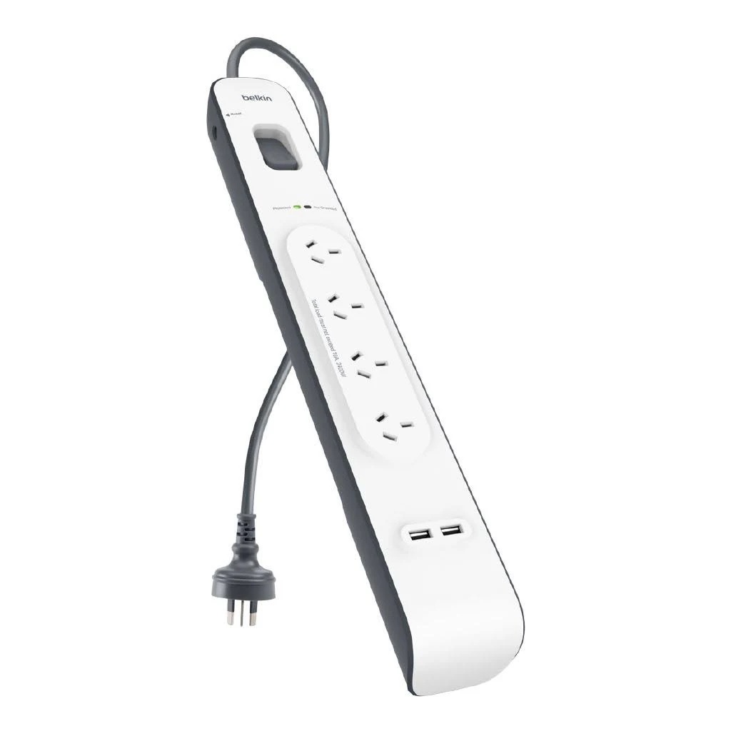 Belkin, 2.4, Amp, USB, Charging, 4-outlet, Surge, Protection, Strip, -, White/Grey(BSV401au2M), Surge, protection, up, to, 525, joules, D, 