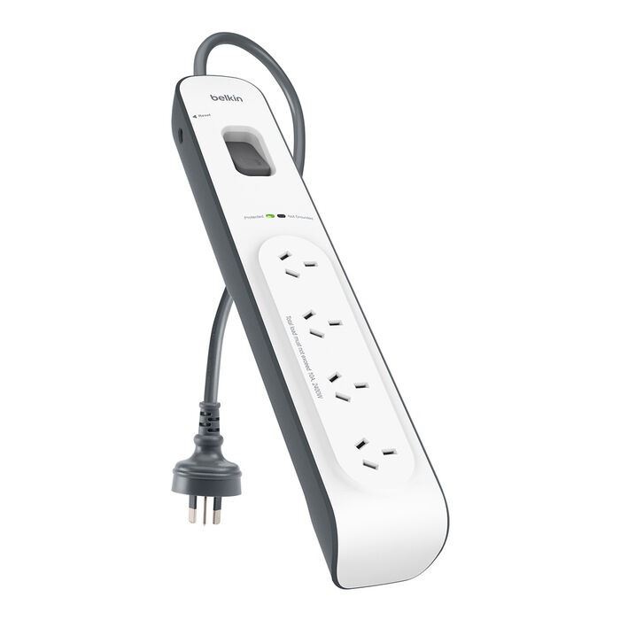 Belkin, 4-Outlet, Surge, Protection, Strip, with, 2M, Power, Cord, -, White/Grey(BSV400au2M), Surge, protection, up, to, 525, joules, Dam, 