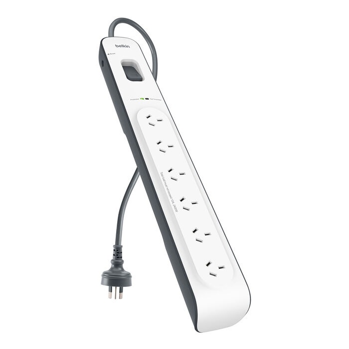 Belkin, 6-Oulet, Surge, Protection, Strip, with, 2M, Power, Cord, -, White/Grey(â€ŽBSV603au2M), Surge, protection, up, to, 650, joules, D, 