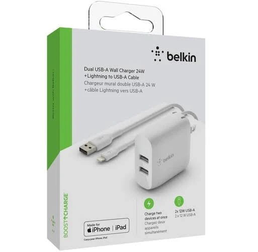 BELKIN, 2, PORT, WALL, CHARGER, 12W, USB-A, (2), BOOST, CHARGE, WHITE, INCLUDE, USB-A, TO, LGN, CABL, 