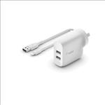 BELKIN, 2, PORT, WALL, CHARGER, 12W, USB-A, (2), BOOST, CHARGE, WHITE, INCLUDE, USB-A, TO, LGN, CABL, 