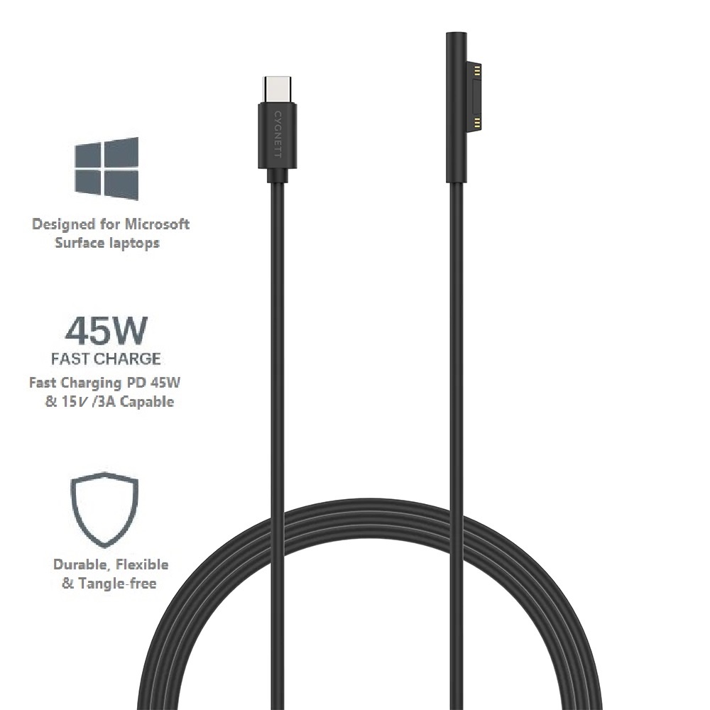 Cables/Cygnett: Cygnett, USB-C, To, Microsoft, Surface, Laptop, Cable, (1M), -, Black, (CY3034USCMS), Support, 45W, Fast, Charging, Magnetically, Conn, 