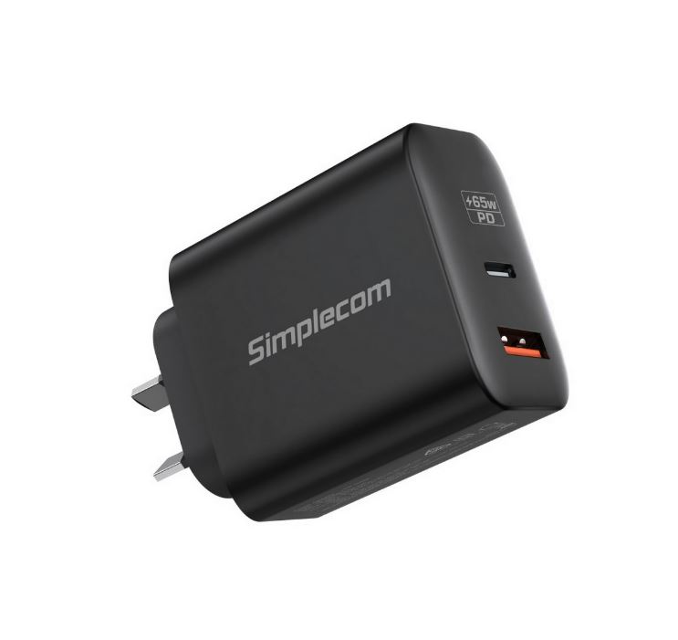 Simplecom, CU265, Dual, Port, PD, 65W, GaN, Fast, Wall, Charger, USB-C, +, USB-A, for, Phone, Laptop, 