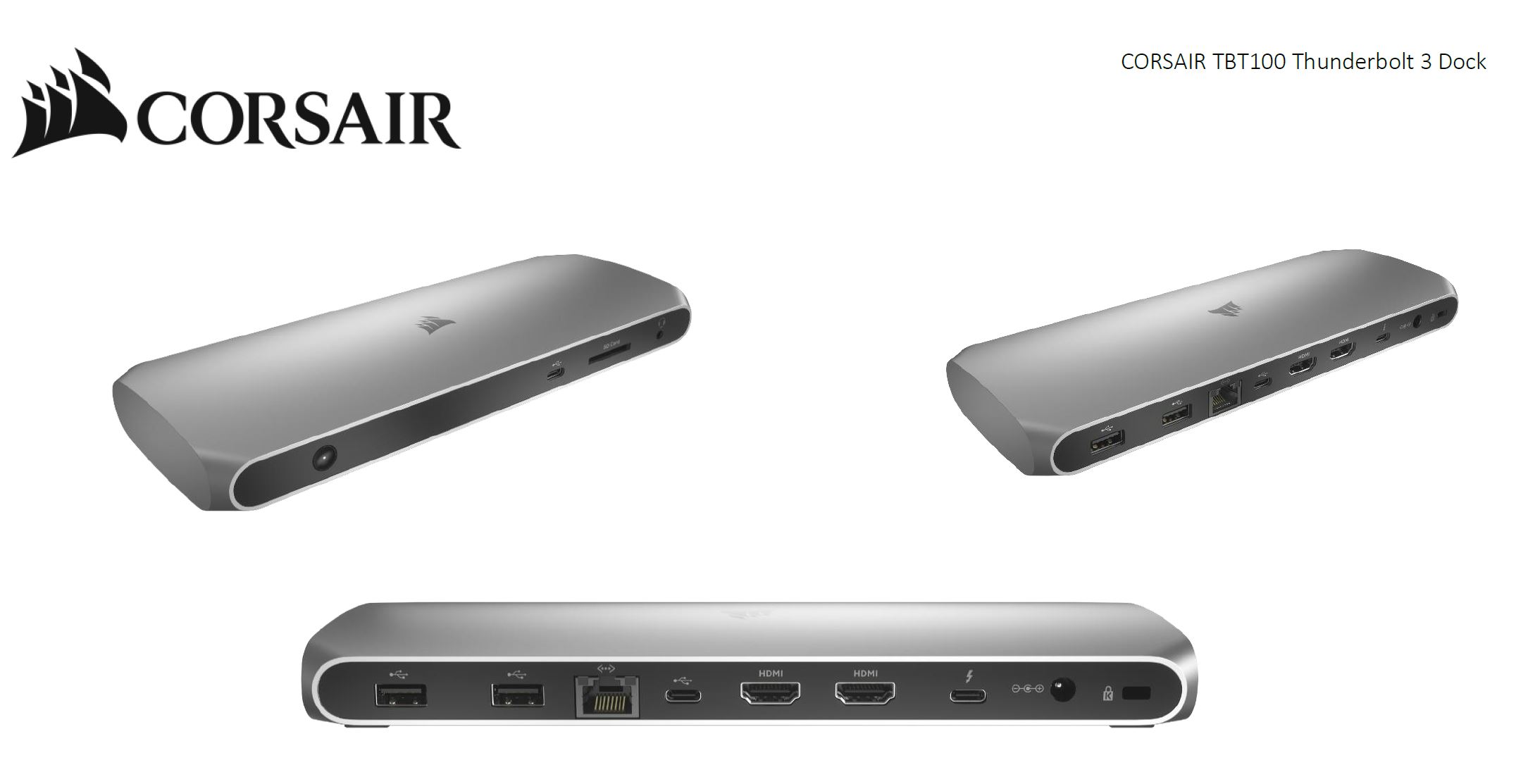 CORSAIR, TBT100, Thunderbolt, 3, 2x, USB-C, 3.2, 2x, 4K, @, 60Hz, HDMI, GB, Ethernet, SDXC, Card, Slim, Aluminum., 100w, Adaptor, 85w, 