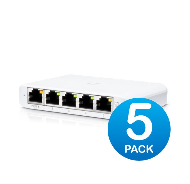 Ubiquiti, USW, Flex, Mini, -, 5, Port, Managed, UniFi, Layer, 2, Gigabit, Switch, -, 1x, PoE, Input, -, 5, Pack, -, No, PSU, 