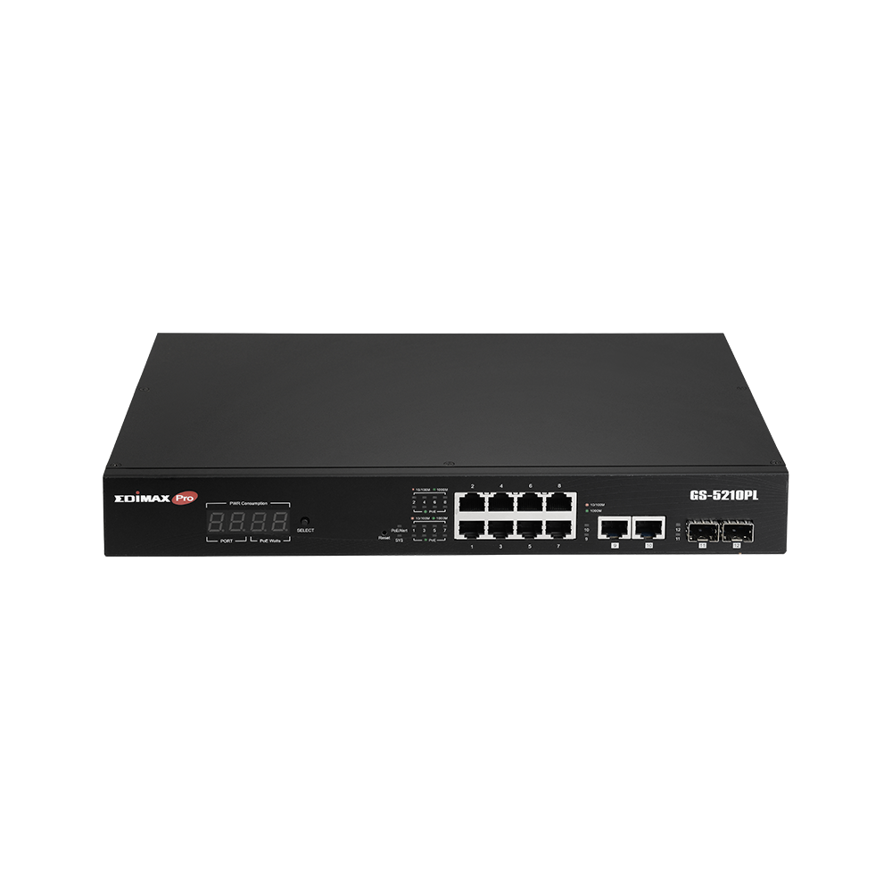 Edimax, GS-5210PL, Surveillance, VLAN, 12-Port, Gigabit, PoE+, Long, Range, Web, Smart, Switch, with, 2, Gigabit, RJ45, Ports, and, 2, SFP, 