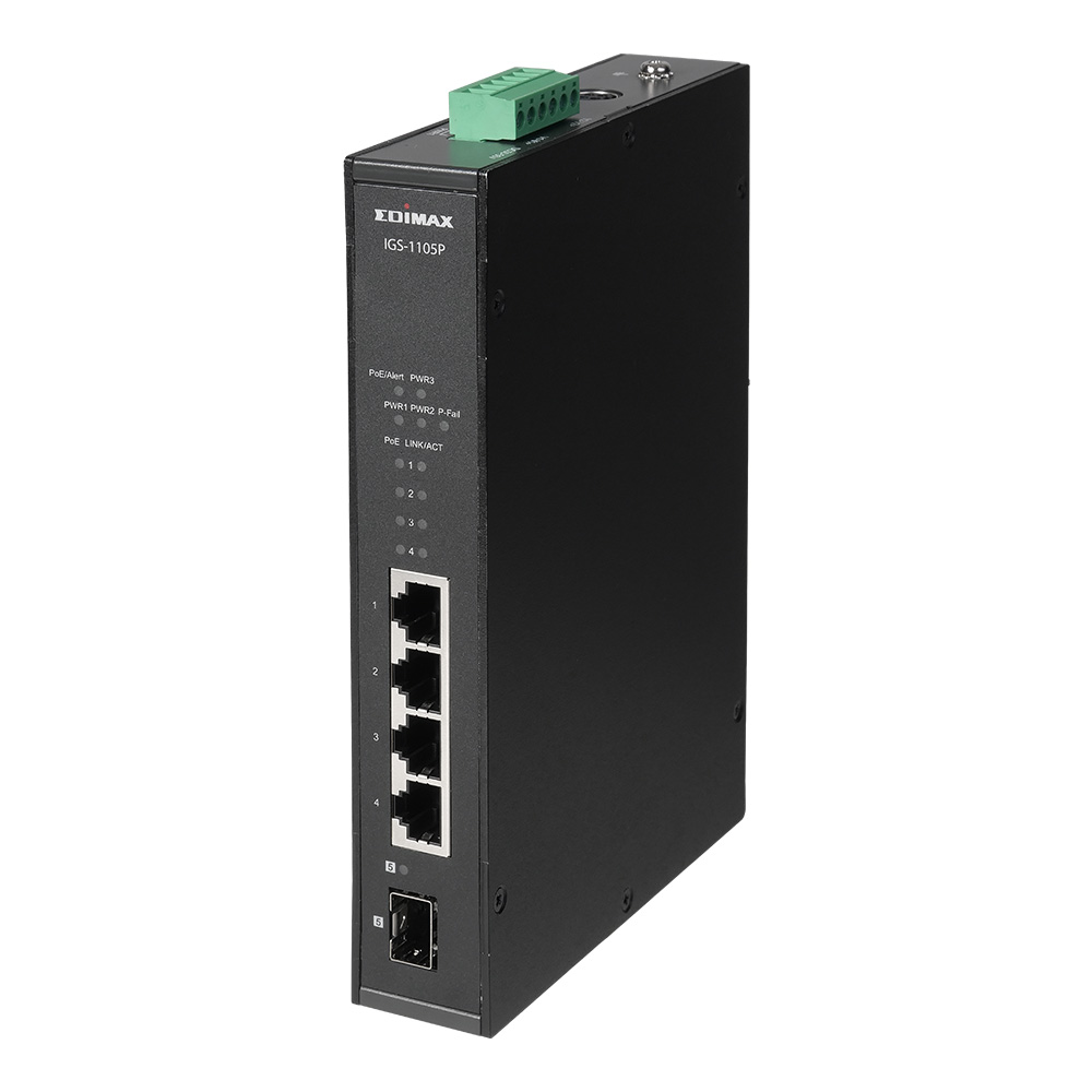 Edimax, IGS-1105P, Industrial, 5-Port, Gigabit, Din-Rail, Switch-, 4, Gigabit, PoE+, ports, and, 1, SFP, uplink, 