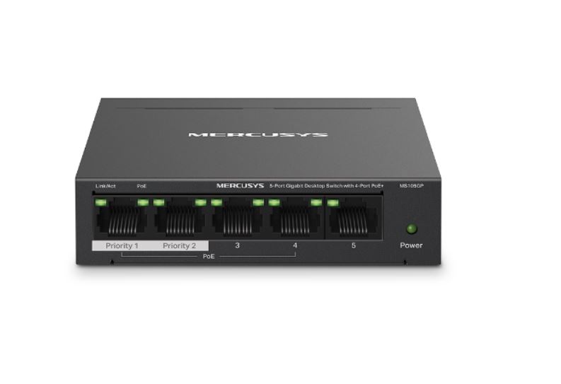 Mercusys, MS105GP, 5-Port, Gigabit, Desktop, Switch, with, 4-Port, PoE+, 10/100/1000, Mbps, RJ45, ports, Up, to, 250, m, 
