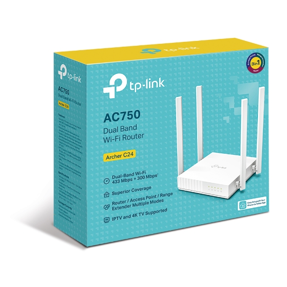 Wireless Networking/TP-LINK: TP-Link, Archer, C24, AC750, Dual-Band, Wi-Fi, Router, 2.4GHz, 300Mbps, 5GHz, 433Mbps, 4xLAN, 1xWAN, 4xAntennas, WPS, Router, Access, P, 