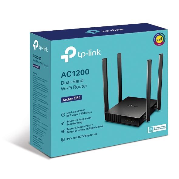 TP-Link, Archer, C54, AC1200, Dual-Band, Wi-Fi, Router, 2.4GHz, 300Mbps, 5GHz, 867Mbps, 4xLAN, 1xWAN, 4xAntennas, WPS, Router, Access, 