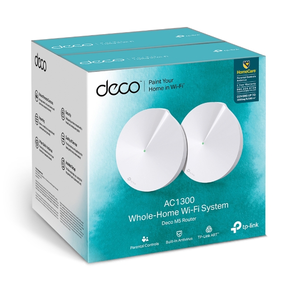 TP-Link, Deco, M5, (2-Pack), Whole, Home, Mesh, Wi-Fi, 1300Mbps, System, Built-In, Antivirus, Quality, of, Service, Covers, 350sqm, 2x, 