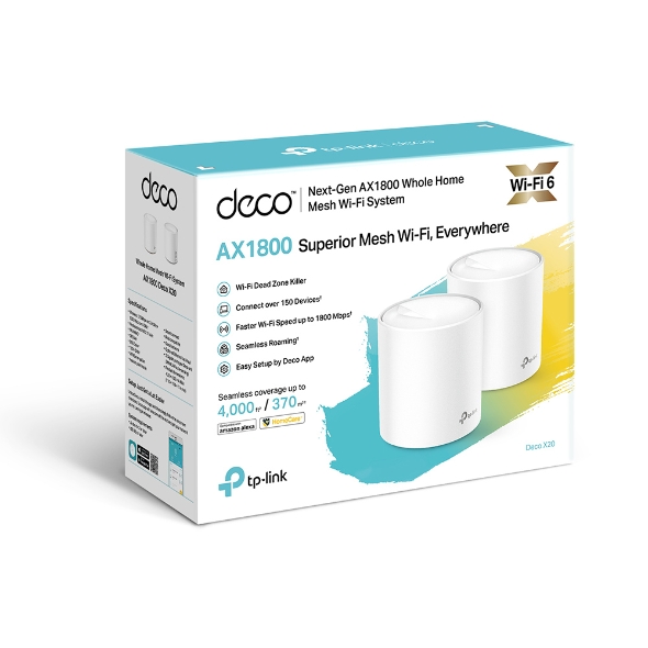 TP-Link, Deco, X20(2-pack), AX1800, Whole, Home, Mesh, Wi-Fi, 6, System, Up, To, 370, sqm, Coverage, WIFI6, 1201Mbps, @, 5Ghz, 574Mbps, 