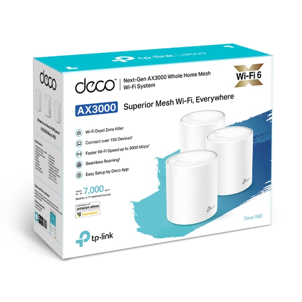 Wireless Networking/TP-LINK: TP-Link, Deco, X60, (3-pack), AX3000, Whole, Home, Mesh, Wi-Fi, System, (WIFI6), Up, to, 650sqm, Coverage, WPA3, TP-Link, Homecare, OF, 