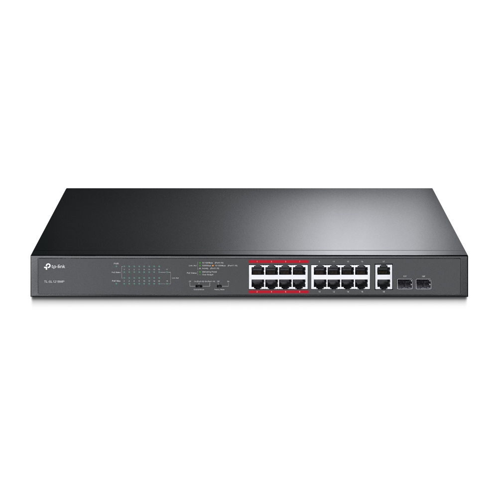 TP-Link, TL-SL1218MP, 16-Port, 10/100Mbps, +, 2-Port, Gigabit, Unmanaged, PoE, Switch, 