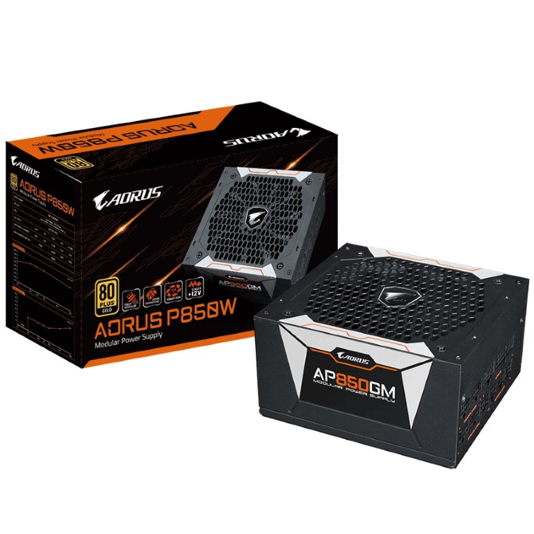Gigabyte, AP850GM, AORUS, 850W, ATX, PSU, Power, Supply, 80+, Gold, 90%, Modular, 135mm, Fan, Black, Flat, Cables, Single, +12V, Rail, Japa, 