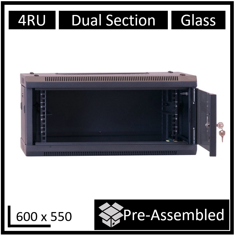 LDR, Assembled, 4U, Hinged, Wall, Mount, Cabinet, (600mm, x, 550mm), Glass, Door, -, Black, Metal, Construction, -, Top, Fan, Vents, -, Side, 