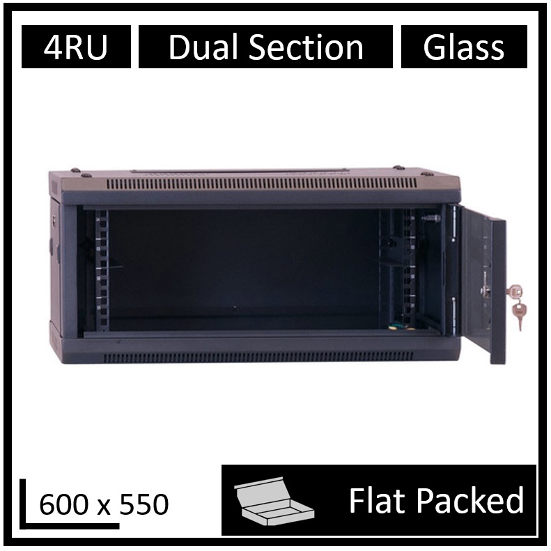 LDR, Flat, Packed, 4U, Hinged, Wall, Mount, Cabinet, (600mm, x, 550mm), Glass, Door, -, Black, Metal, Construction, -, Top, Fan, Vents, -, Sid, 