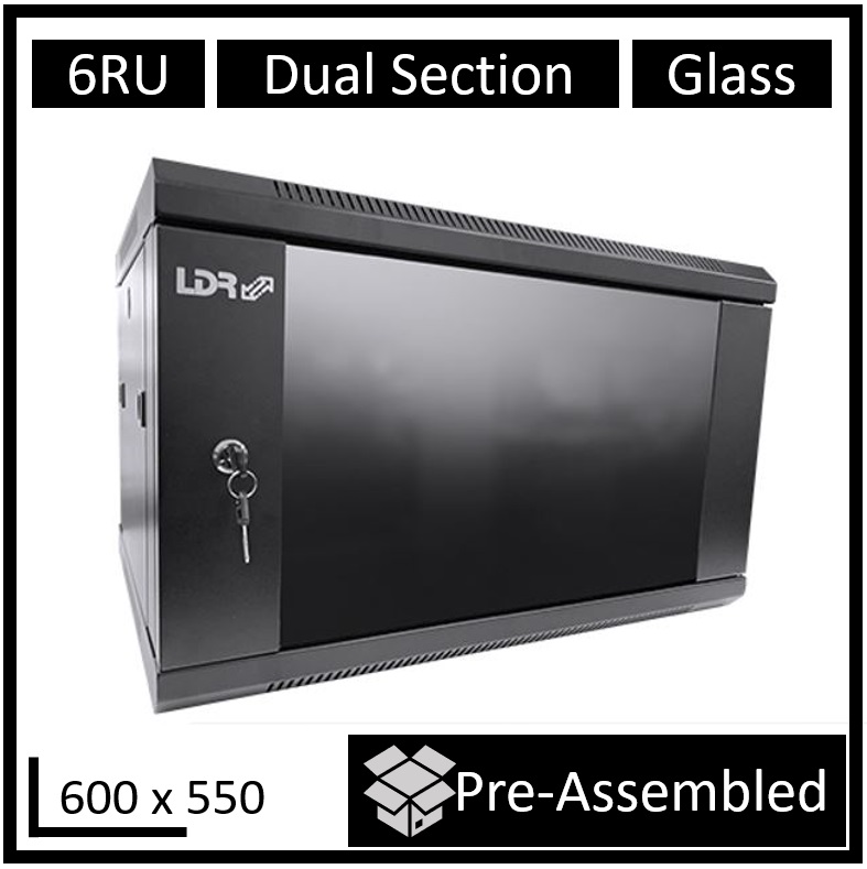 LDR, Assembled, 6U, Hinged, Wall, Mount, Cabinet, (600mm, x, 550mm), Glass, Door, -, Black, Metal, Construction, -, Top, Fan, Vents, -, Side, 