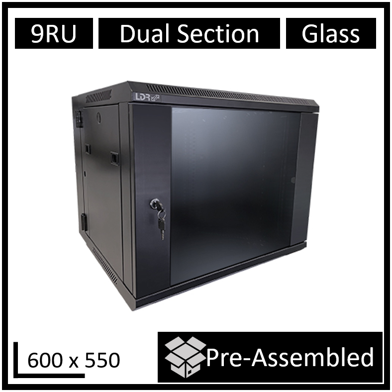 LDR, Assembled, 9U, Hinged, Wall, Mount, Cabinet, (600mm, x, 550mm), Glass, Door, -, Black, Metal, Construction, -, Top, Fan, Vents, -, Side, 