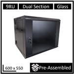 LDR, Assembled, 9U, Hinged, Wall, Mount, Cabinet, (600mm, x, 550mm), Glass, Door, -, Black, Metal, Construction, -, Top, Fan, Vents, -, Side, 