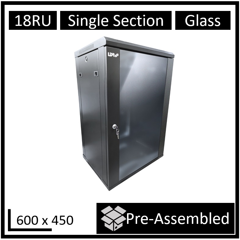 LDR, Assembled, 18U, Wall, Mount, Cabinet, (600mm, x, 450mm), Glass, Door, -, Black, Metal, Construction, -, Top, Fan, Vents, -, Side, Access, 