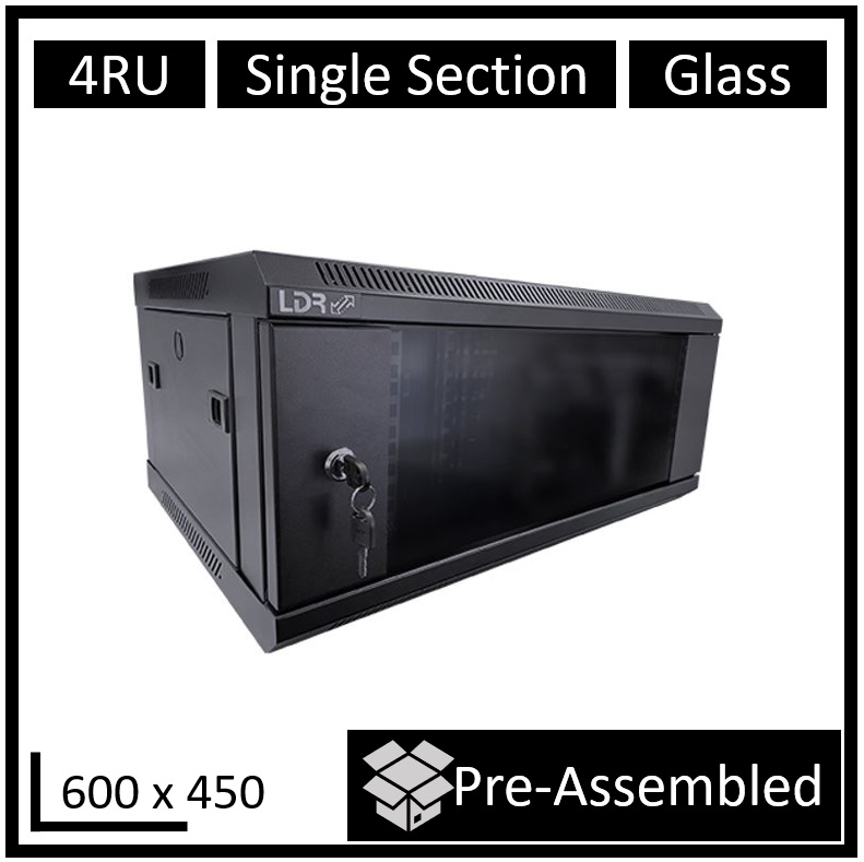 LDR, Assembled, 4U, Wall, Mount, Cabinet, (600mm, x, 450mm), Glass, Door, -, Black, Metal, Construction, -, Top, Fan, Vents, -, Side, Access, 