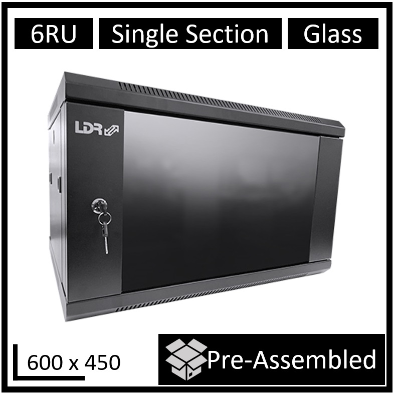 LDR, Assembled, 6U, Wall, Mount, Cabinet, (600mm, x, 450mm), Glass, Door, -, Black, Metal, Construction, -, Top, Fan, Vents, -, Side, Access, 