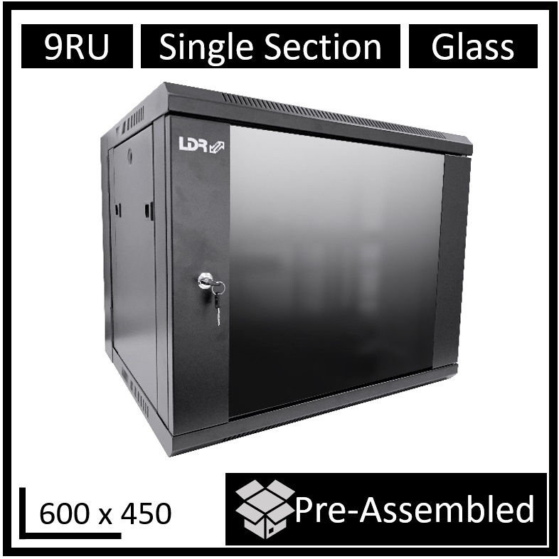LDR, Assembled, 9U, Wall, Mount, Cabinet, (600mm, x, 450mm), Glass, Door, -, Black, Metal, Construction, -, Top, Fan, Vents, -, Side, Access, 
