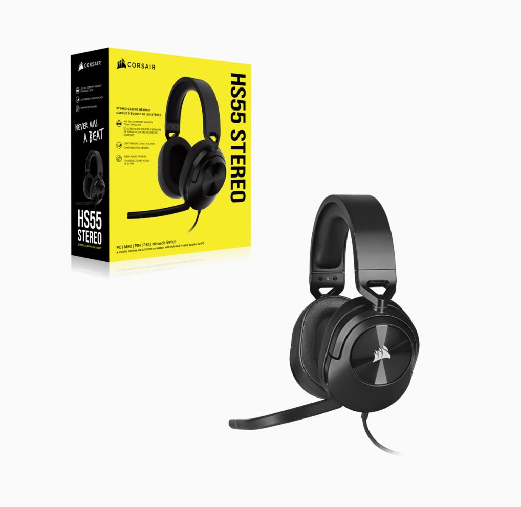 Corsair, HS55, Carbon, Stereo, Gaming, Headset, PS5, 3D, Audio, Box, X, Switch, Discord, Certified, Ultra, Comfort, Foam, USB, 