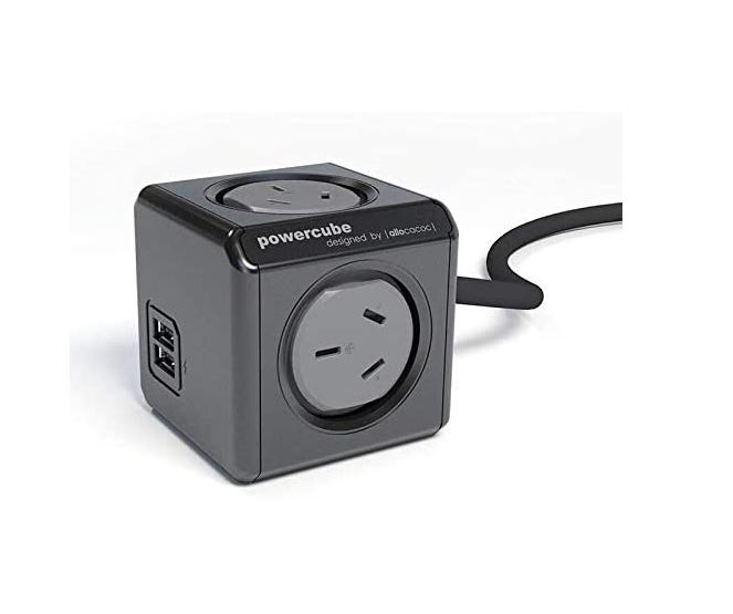 ALLOCACOC, POWERCUBE, Extended, USB, Grey-4, Outlets-2, USB, 3M, WITH, SURGE, in, Black, New, 