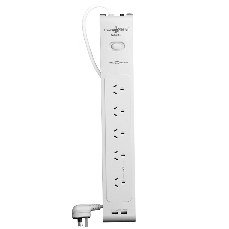 PowerShield, PSZ5U2, ZapGuard, 5, Way, Power, Surge, Filter, Board, 2, x, USB, Connectors, Wide, Spaced, Sockets, Wall, Mountable, Whi, 