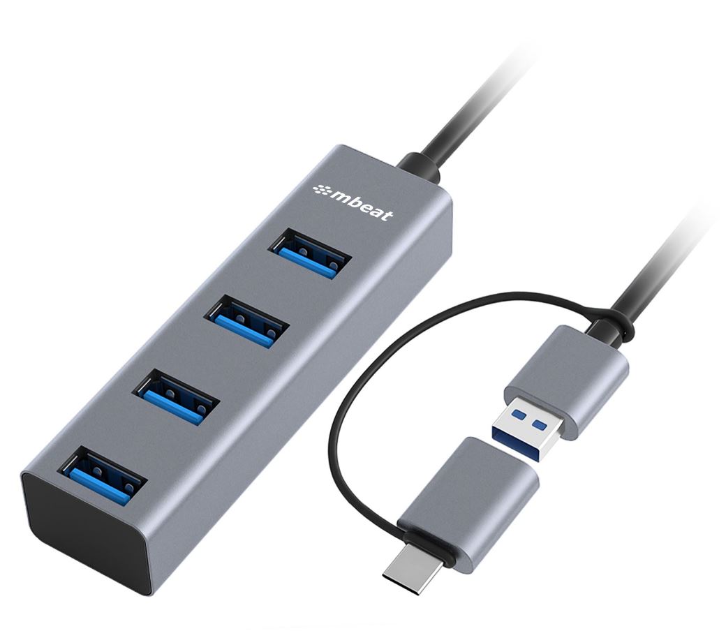 Adapters/MBEAT: mbeatÂ®, 4-Port, USB, 3.0, Hub, with, 2-in-1, USB, 3.0, &, USB-C, Converter, -, Space, Grey, 