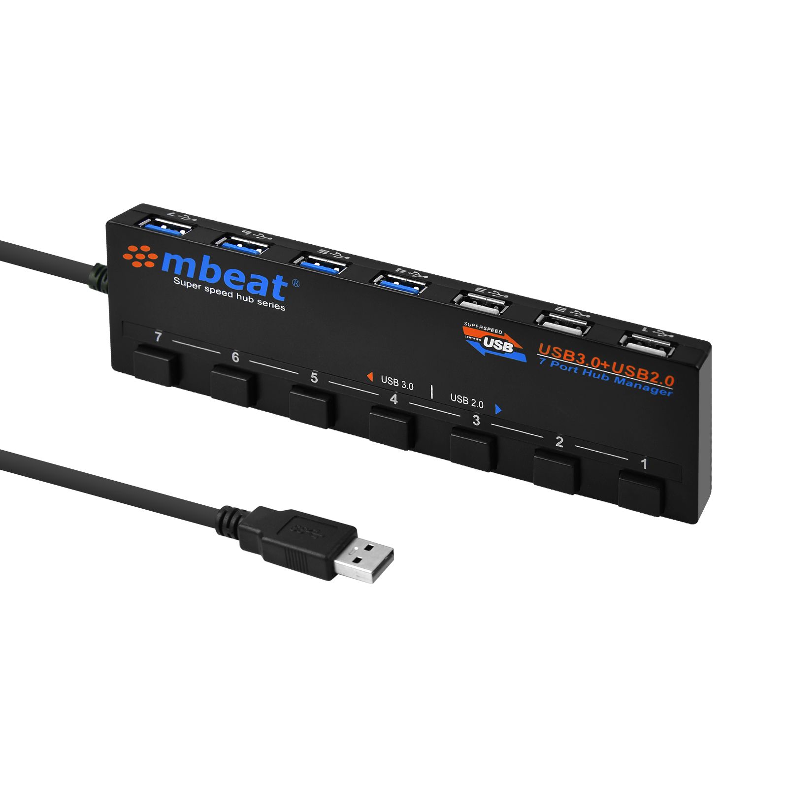Adapters/MBEAT: mbeatÂ®, 7-Port, USB, 3.0, &, USB, 2.0, Powered, Hub, Manager, with, Switches, -, 4x, USB, 3.0, with, 5Gbps/3x, USB, 2.0, with, 2.4Ghz(480Mbp, 