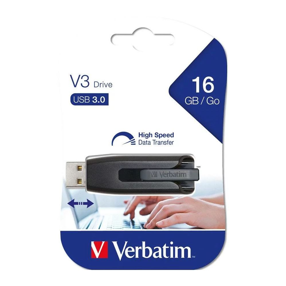 Verbatim, 16GB, V3, USB3.0, Grey, Store, n, Go, V3;, Rectractable, USB, Storage, Drive, Memory, Stick, 
