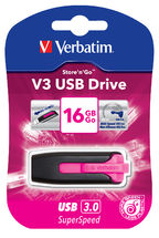 Verbatim, 16GB, V3, USB3.0, Pink, Store, n, Go, V3;, Rectractable, USB, Storage, Drive, Memory, Stick, 