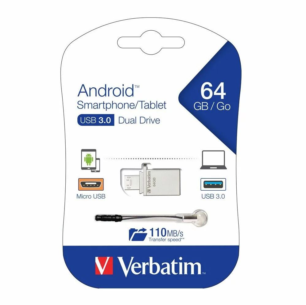 Adapters/Verbatim: Verbatim, Store, n, Go, OTG, Micro, USB, 3.0, Drive, 64GB, Dual, USB, 3.0, and, Micro-USB, Interface, 