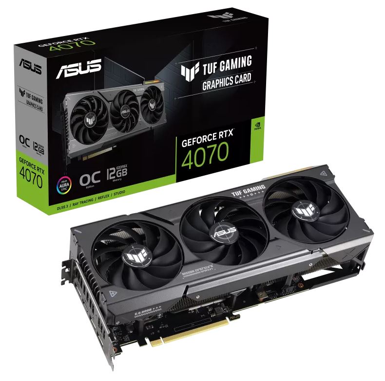 Graphics Cards/ASUS: ASUS, nVidia, GeForce, TUF-RTX4070-O12G-GAMING, RTX, 4070, 12GB, GDDR6X, OC, Edition, 2550, MHz, Boost, Clock, RAM, 21Gbps, 3xDP, 1xHD, 