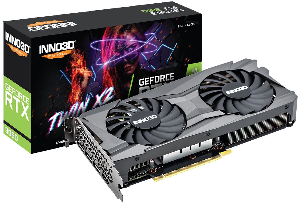 INNO3D, nVidia, GeForce, RTX, 3060, TWIN, X2, 8GB, GDDR6, GPU, 1777MHz, Boost, Clock, 3xDP, 1xHDMI, LHR, 