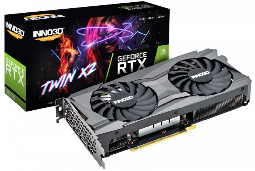 INNO3D, nVidia, GeForce, RTX, 3060, GPU, TWIN, X2, 12GB, Video, Card, (LHR), PCI-e, 4.0, 1777, MHz, Boost, Clock, 3x, DisplayPort, 1.4a., 